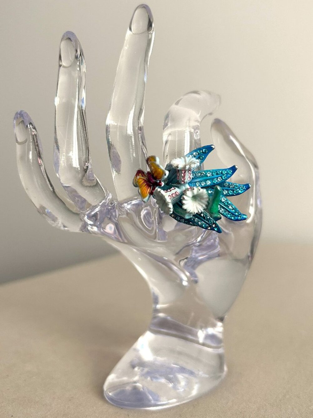 Rhinestone Hand Painted Flower Leaf Butterfly Statement Ring